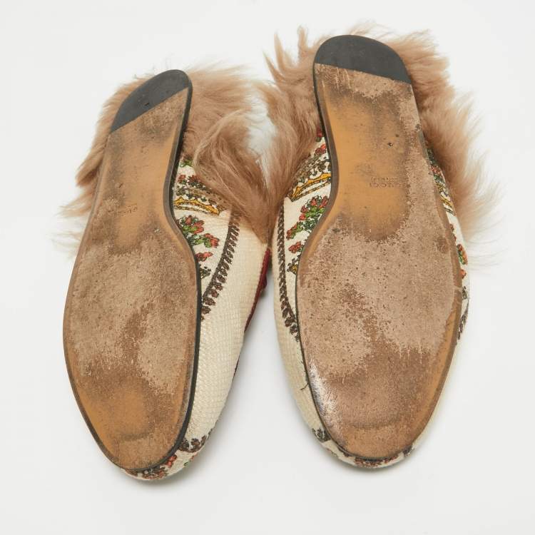 Pre Owned Gucci Beige Canvas Printed Fur Princetown Flat Mules Size 38