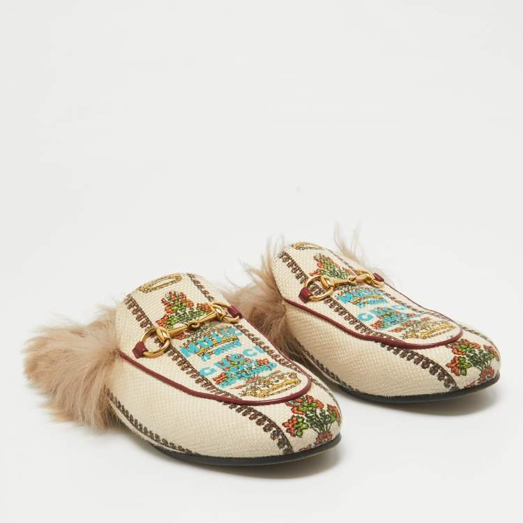 Pre Owned Gucci Beige Canvas Printed Fur Princetown Flat Mules Size 38