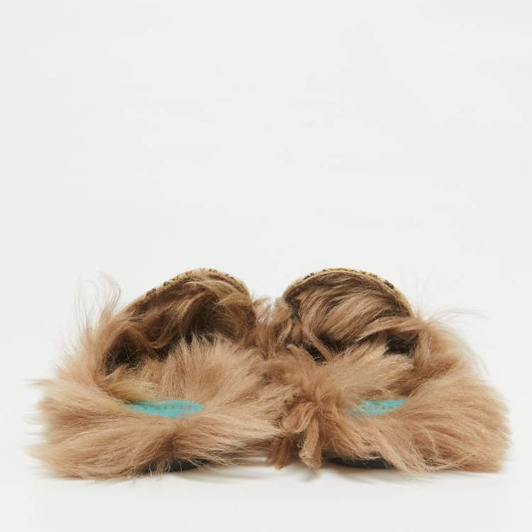Pre Owned Gucci Beige Canvas Printed Fur Princetown Flat Mules Size 38