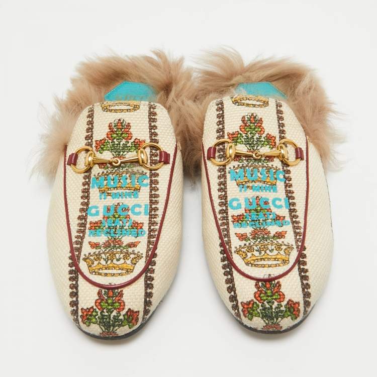 Pre Owned Gucci Beige Canvas Printed Fur Princetown Flat Mules Size 38