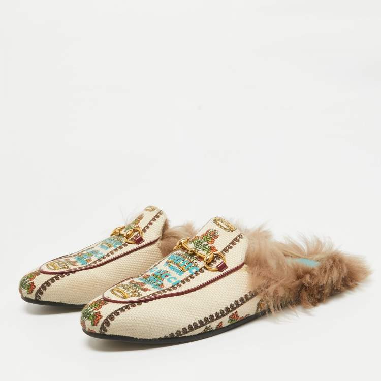 Pre Owned Gucci Beige Canvas Printed Fur Princetown Flat Mules Size 38