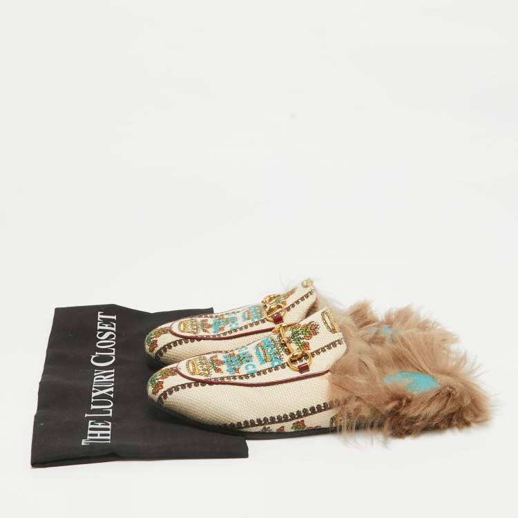 Pre Owned Gucci Beige Canvas Printed Fur Princetown Flat Mules Size 38