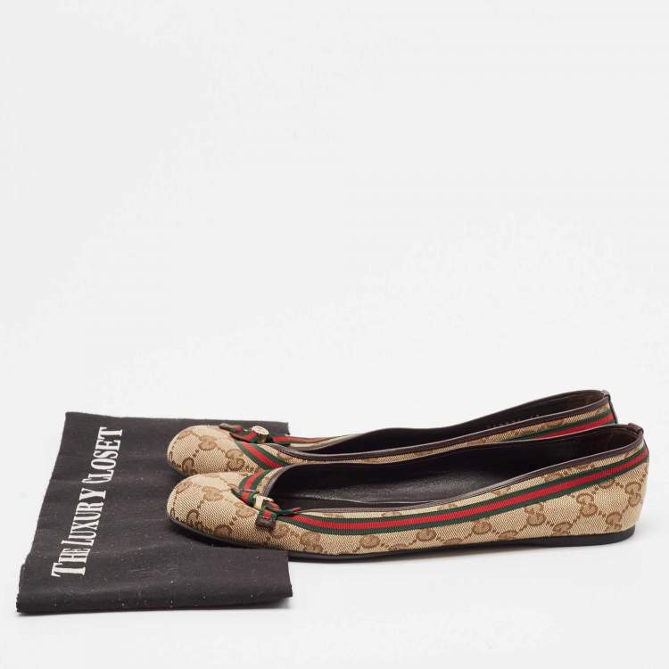 Pre Owned Gucci Beige/Brown GG Canvas Web Mayfair Ballet Flats Size 41