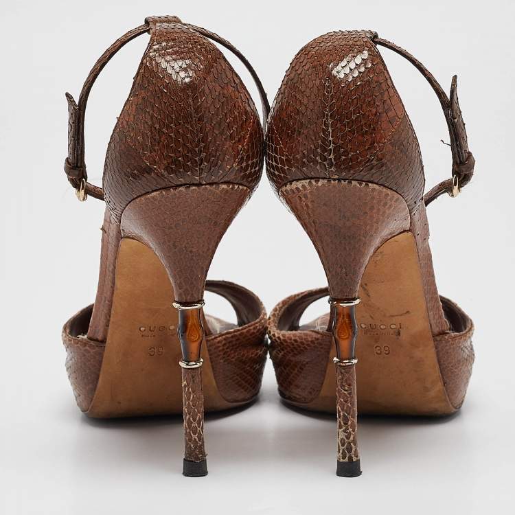 Pre Owned Gucci Brown Python Leather Bamboo Heel Platform Ankle Strap Sandals Size 39