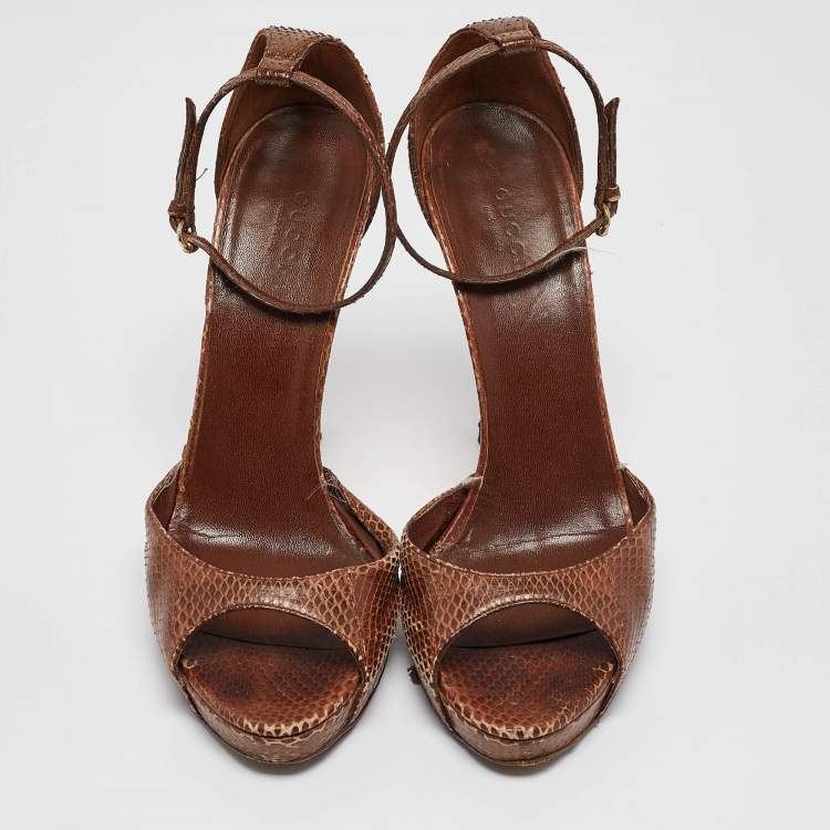 Pre Owned Gucci Brown Python Leather Bamboo Heel Platform Ankle Strap Sandals Size 39