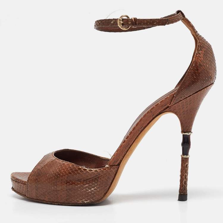 Pre Owned Gucci Brown Python Leather Bamboo Heel Platform Ankle Strap Sandals Size 39