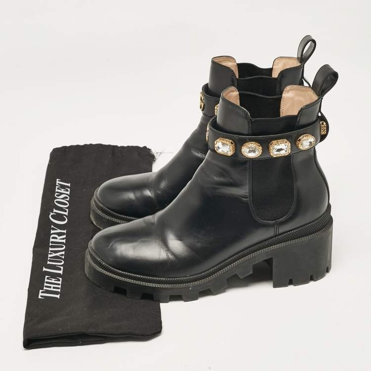 Pre Owned Gucci Black Leather GG Crystal Embellished Ankle Length Boots Size 38.5