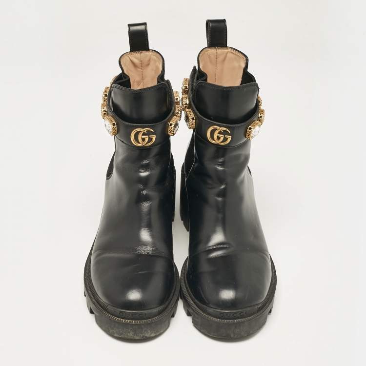Pre Owned Gucci Black Leather GG Crystal Embellished Ankle Length Boots Size 38.5