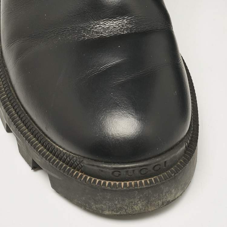 Pre Owned Gucci Black Leather GG Crystal Embellished Ankle Length Boots Size 38.5