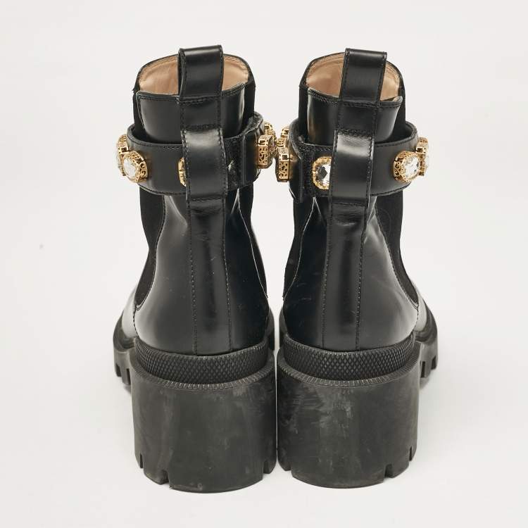 Pre Owned Gucci Black Leather GG Crystal Embellished Ankle Length Boots Size 38.5