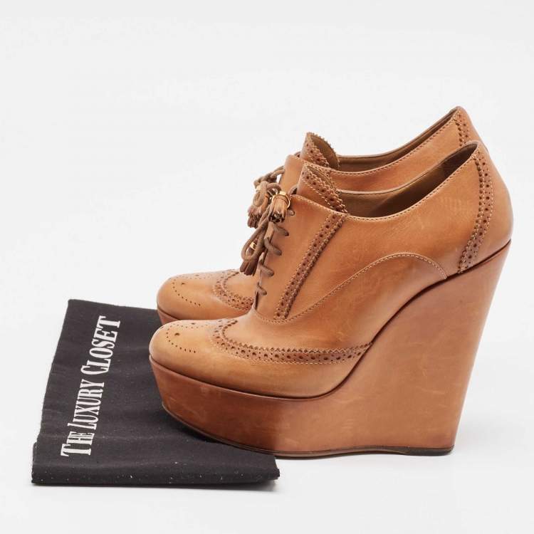 Pre Owned Gucci Brown Leather Wedge Booties Size 38.5
