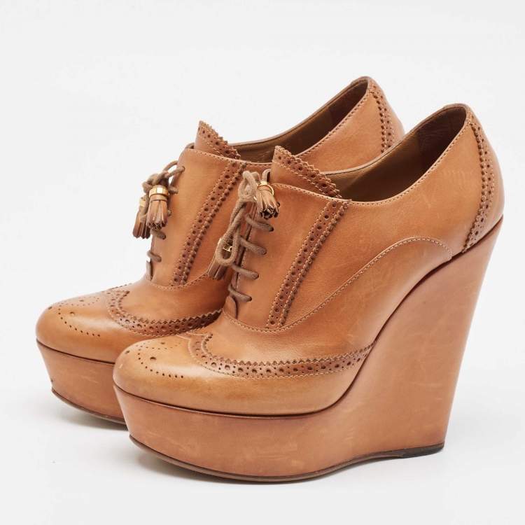 Pre Owned Gucci Brown Leather Wedge Booties Size 38.5