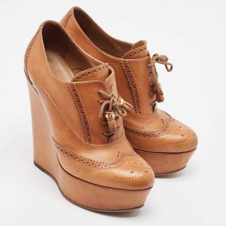 Pre Owned Gucci Brown Leather Wedge Booties Size 38.5