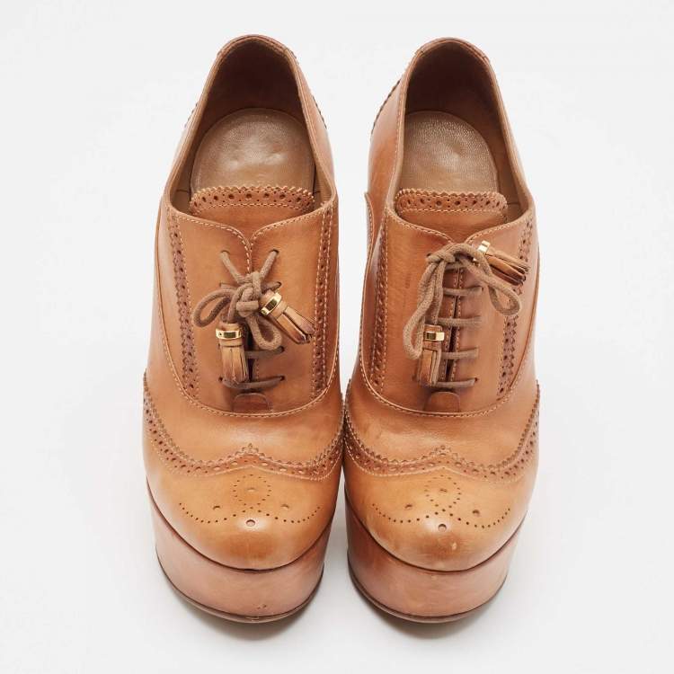 Pre Owned Gucci Brown Leather Wedge Booties Size 38.5