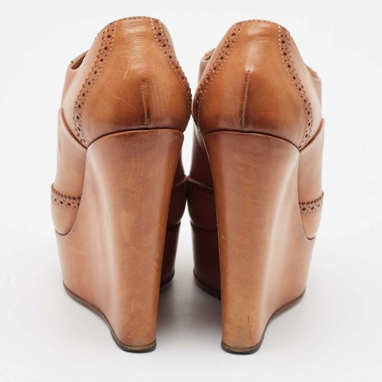 Pre Owned Gucci Brown Leather Wedge Booties Size 38.5