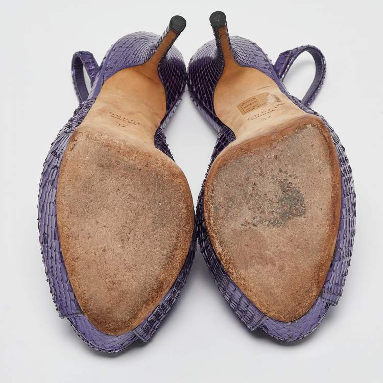 Pre Owned Gucci Purple Python Leather Peep Toe slingback Pumps Size 37