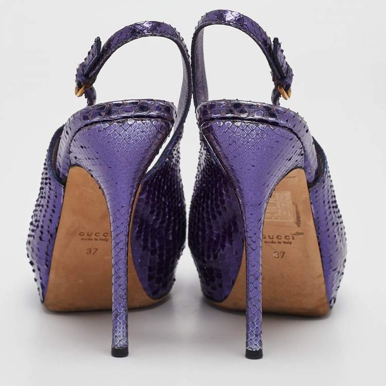 Pre Owned Gucci Purple Python Leather Peep Toe slingback Pumps Size 37