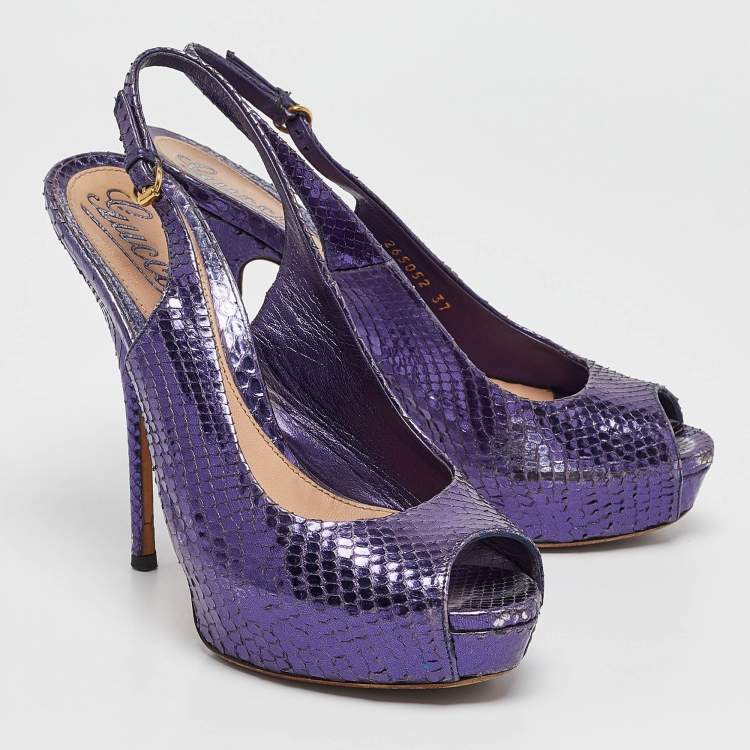 Pre Owned Gucci Purple Python Leather Peep Toe slingback Pumps Size 37