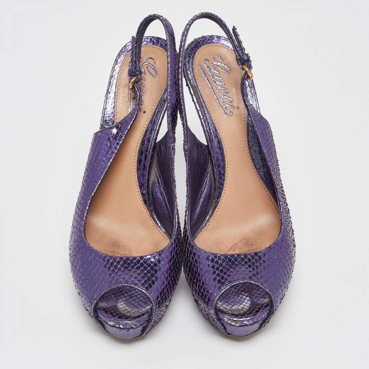 Pre Owned Gucci Purple Python Leather Peep Toe slingback Pumps Size 37