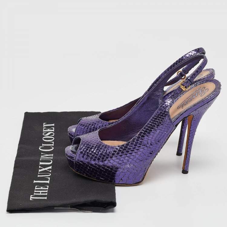 Pre Owned Gucci Purple Python Leather Peep Toe slingback Pumps Size 37