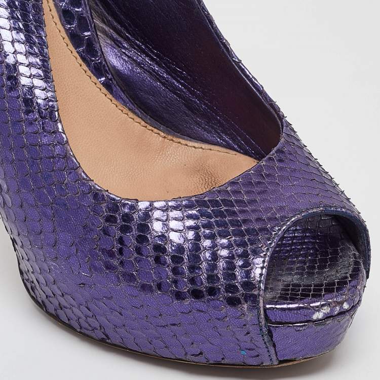 Pre Owned Gucci Purple Python Leather Peep Toe slingback Pumps Size 37