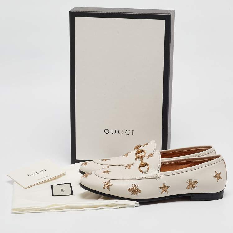 Pre Owned Gucci White Bee & Star Embroidered Leather Jordaan Loafers Size 38