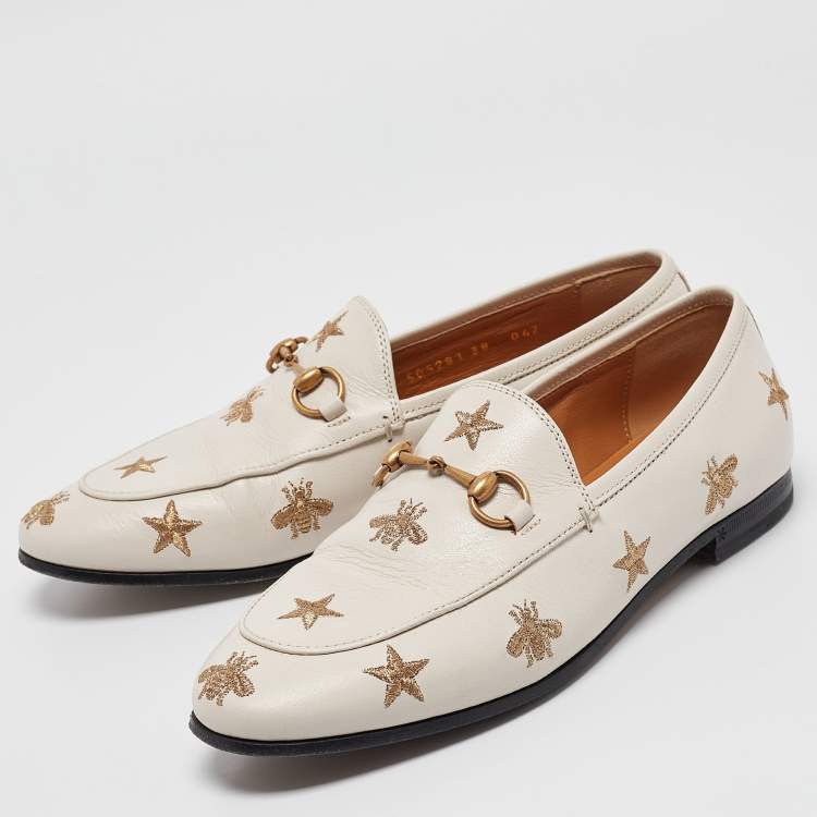 Pre Owned Gucci White Bee & Star Embroidered Leather Jordaan Loafers Size 38