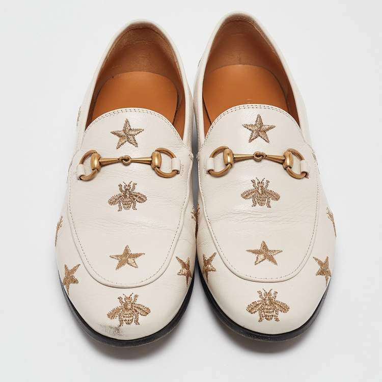 Pre Owned Gucci White Bee & Star Embroidered Leather Jordaan Loafers Size 38