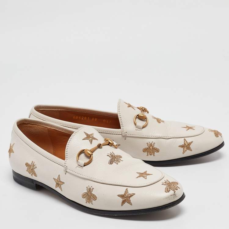 Pre Owned Gucci White Bee & Star Embroidered Leather Jordaan Loafers Size 38