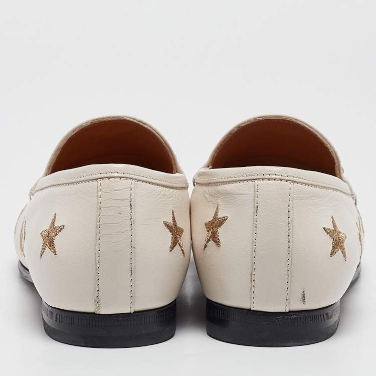Pre Owned Gucci White Bee & Star Embroidered Leather Jordaan Loafers Size 38