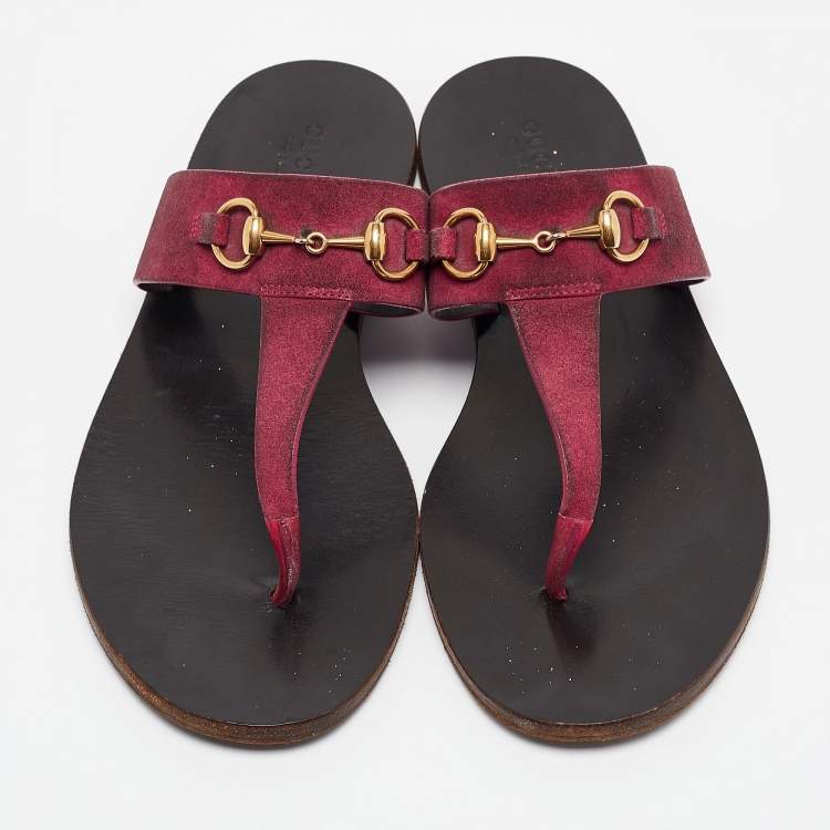 Pre Owned Gucci Pink Suede Horsebit Thong Flats Size 37
