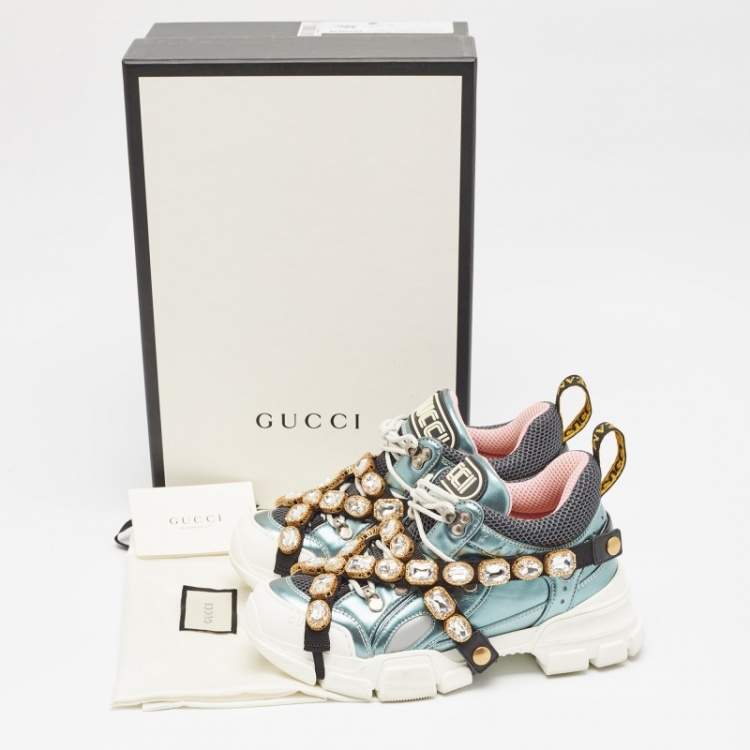 Pre Owned Gucci Tricolor Leather and Mesh Flashtrek Reflective Lace Up Sneakers 37.5