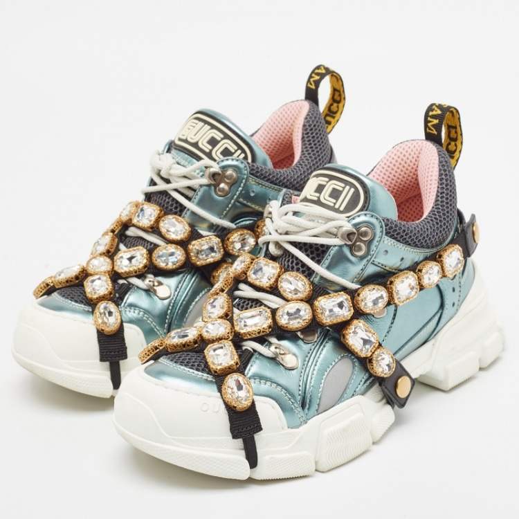 Pre Owned Gucci Tricolor Leather and Mesh Flashtrek Reflective Lace Up Sneakers 37.5
