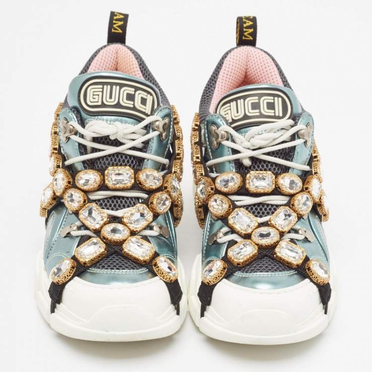 Pre Owned Gucci Tricolor Leather and Mesh Flashtrek Reflective Lace Up Sneakers 37.5