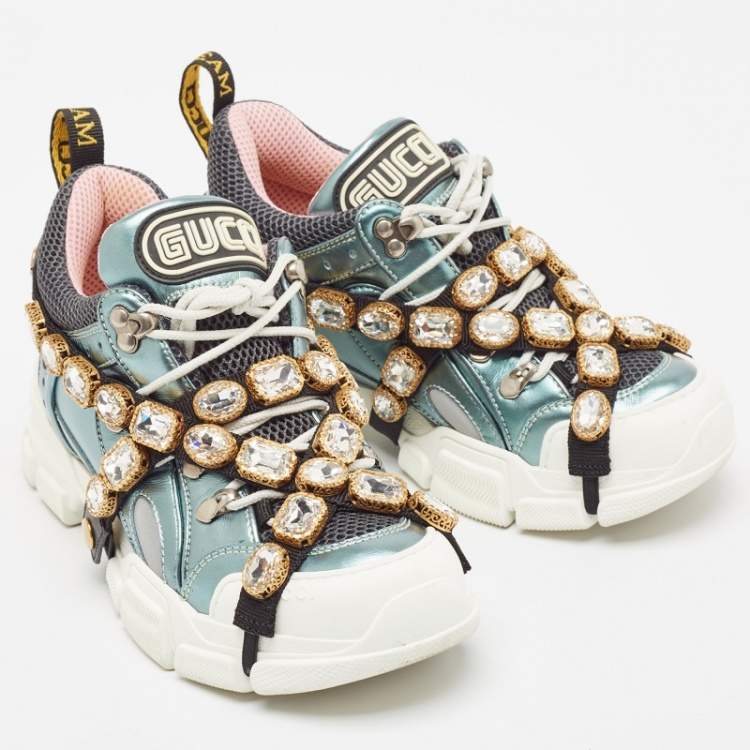 Pre Owned Gucci Tricolor Leather and Mesh Flashtrek Reflective Lace Up Sneakers 37.5