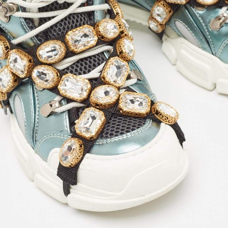 Pre Owned Gucci Tricolor Leather and Mesh Flashtrek Reflective Lace Up Sneakers 37.5