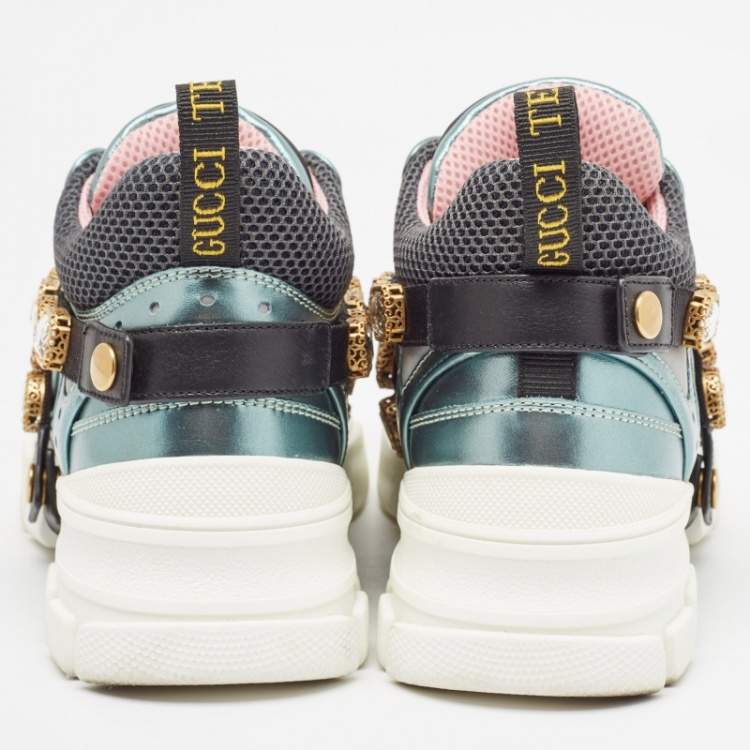 Pre Owned Gucci Tricolor Leather and Mesh Flashtrek Reflective Lace Up Sneakers 37.5