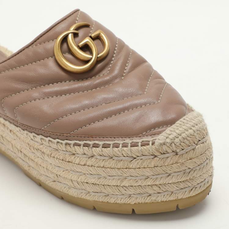 Pre Owned Gucci Beige Quilted Leather GG Marmont Platform Espadrille Flats Size 37.5
