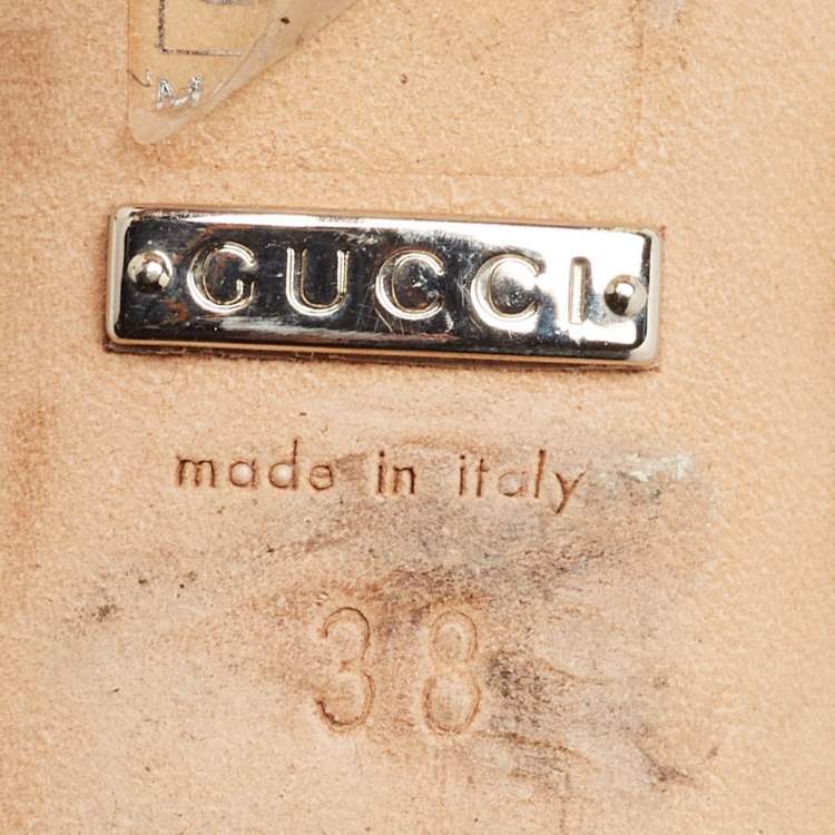 Pre Owned Gucci Metallic Rose Gold Leather Crystal Embellished GG Logo Ankle Strap Sandals Size 38