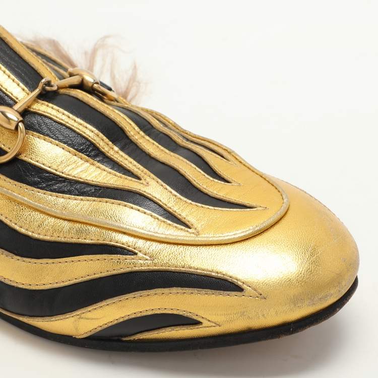 Pre Owned Gucci Gold/Black Leather Princetown Fur Lined Horsebit Mules Size 38