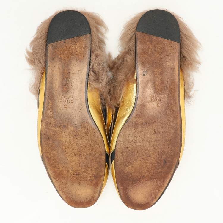 Pre Owned Gucci Gold/Black Leather Princetown Fur Lined Horsebit Mules Size 38