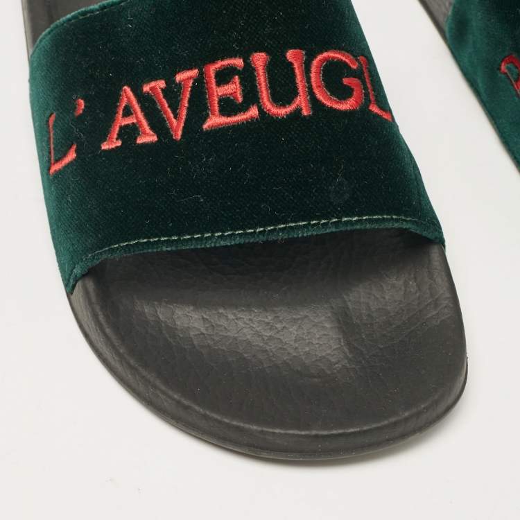 Pre Owned Gucci Green Velvet Embroidered L'aveugle Par Amour Slides Size 39