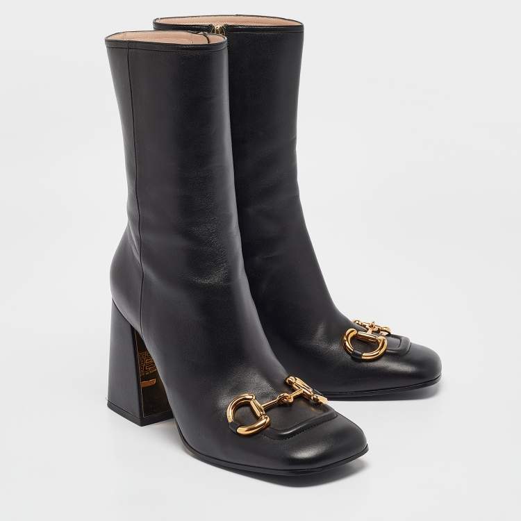Pre Owned Gucci Black Leather Horsebit Mid Calf Boots Size 38
