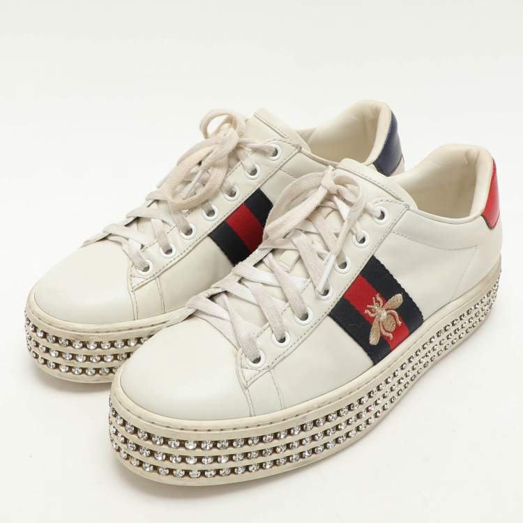 Pre Owned Gucci White Leather And Bee Web Detail New Ace Crystal Embellished Platform Sneakers Size 37