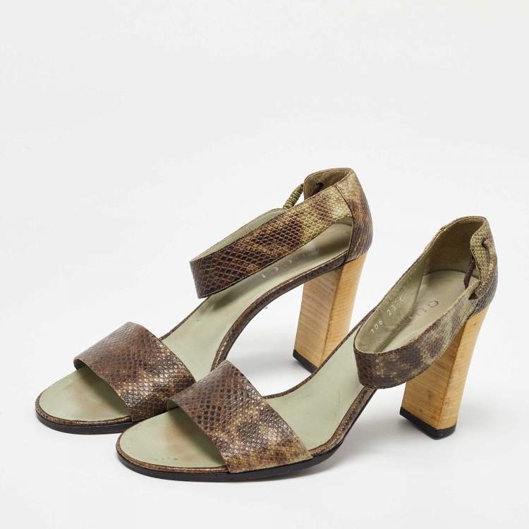 Pre Owned Gucci Brown/Mint Green Karung Leather Ankle Strap Sandals Size 37.5