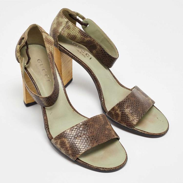 Pre Owned Gucci Brown/Mint Green Karung Leather Ankle Strap Sandals Size 37.5