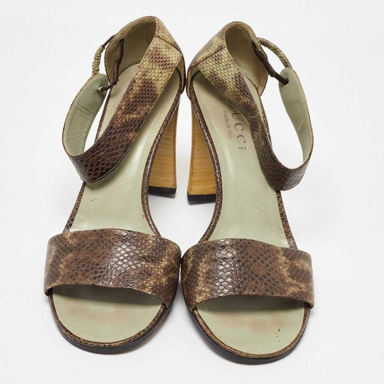 Pre Owned Gucci Brown/Mint Green Karung Leather Ankle Strap Sandals Size 37.5