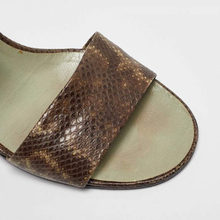 Pre Owned Gucci Brown/Mint Green Karung Leather Ankle Strap Sandals Size 37.5