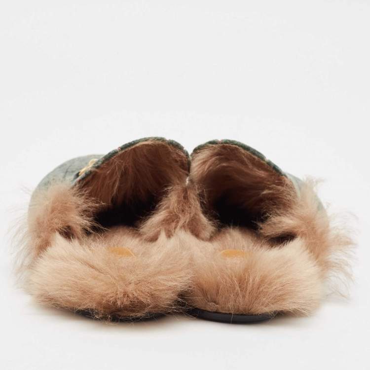 Pre Owned Gucci Green/Beige Fur and Velvet Princetown Mules Size 42
