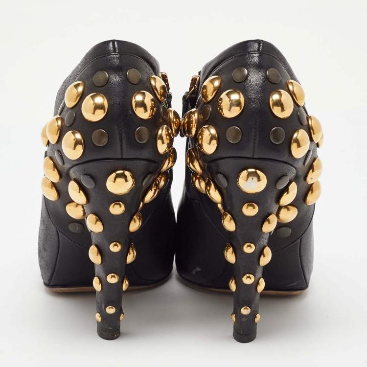 Pre Owned Gucci Black Leather Babouska Studded Embellished Ankle Booties Size 39.5